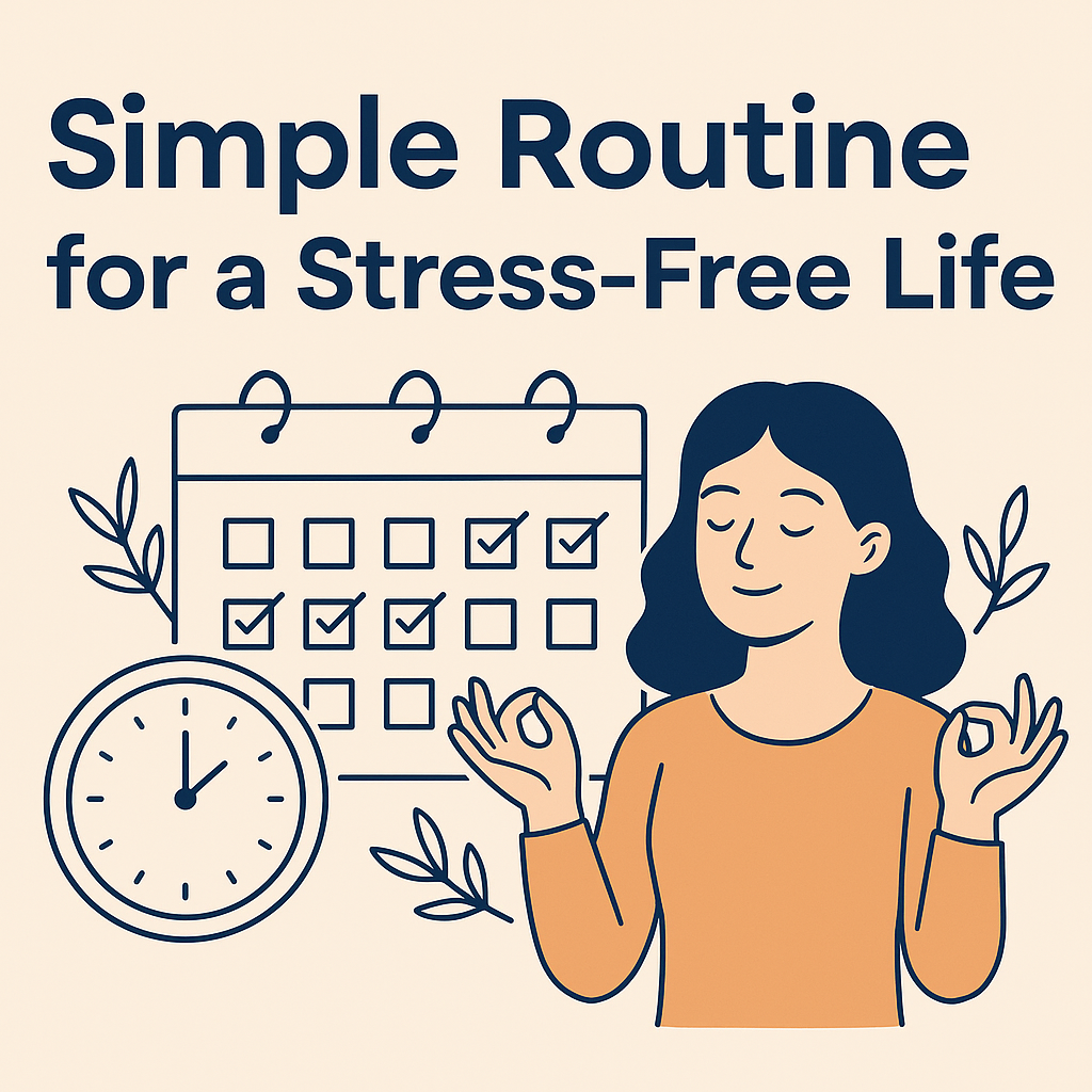 Simple routine for a stress-free life illustration showing calm lifestyle, daily planning, and mental peace