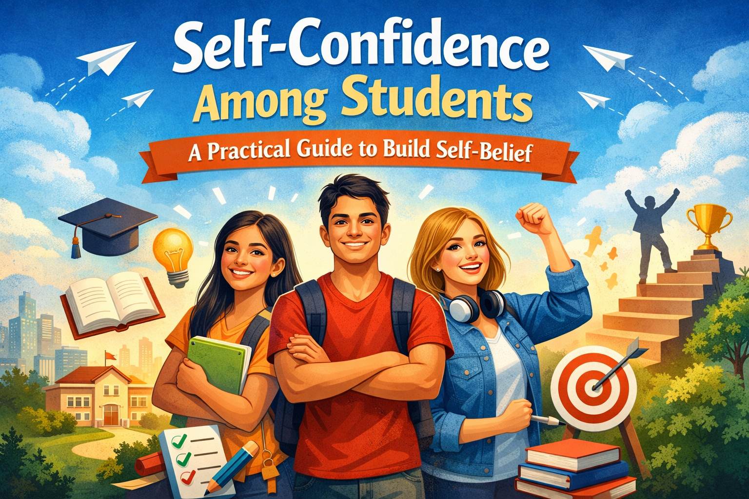 Confident students standing together with books and educational symbols, representing self-confidence and self-belief in student life