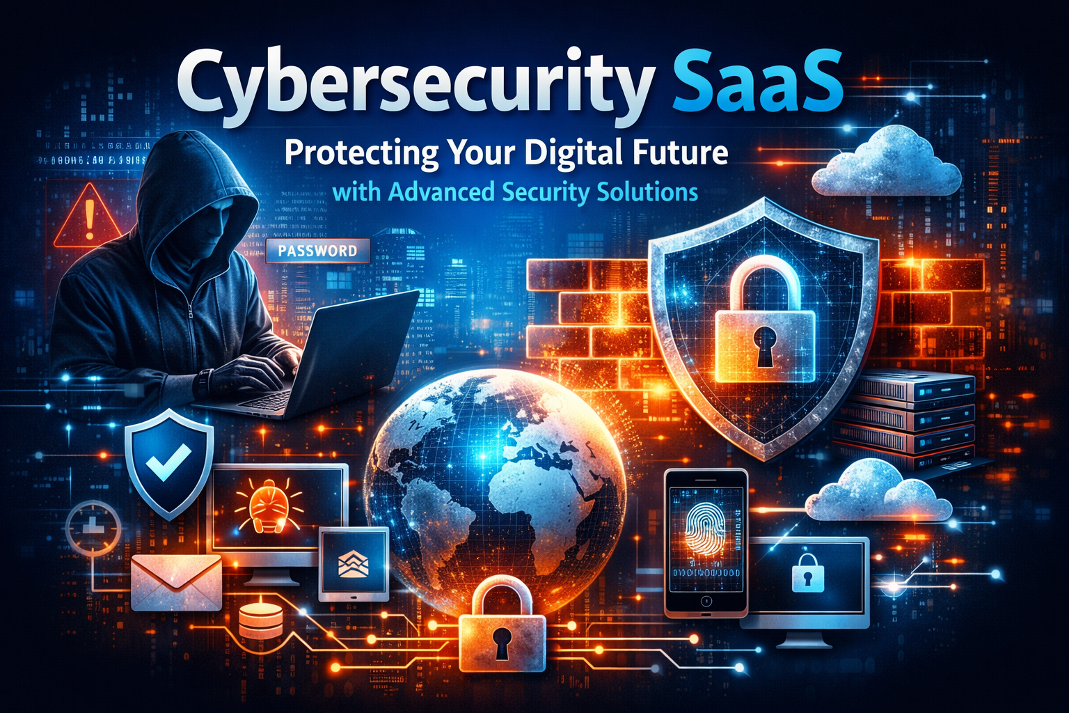 Cybersecurity SaaS illustration showing hacking threats, firewall protection, and secure data systems